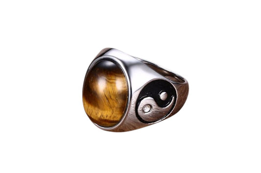 Stainless Steel Men's Vintage Oval Tiger Eye Brown Stone Ring with Yin Yang Symbol