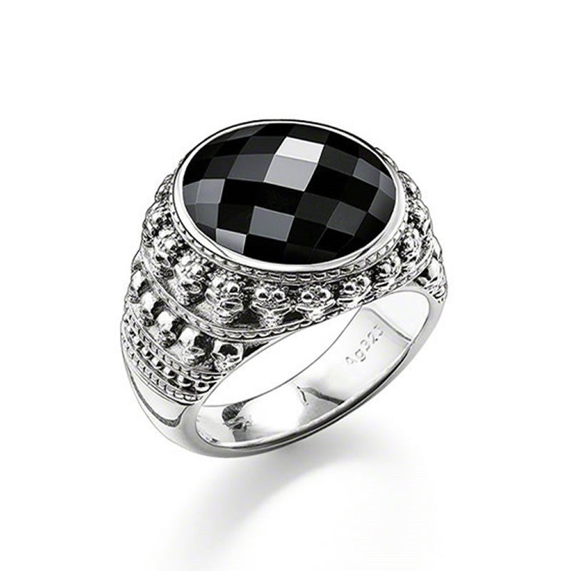 Men's Oval Black Onyx Skull Cocktail Ring
