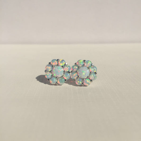 Silver White Fire Opal Flower Stud Earrings