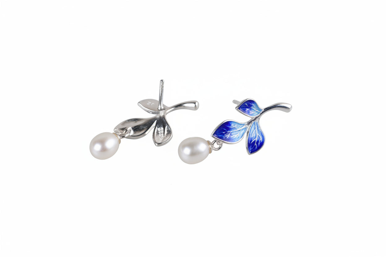 Blue Enamel Leaf Freshwater Pearl Drop Stud Earrings