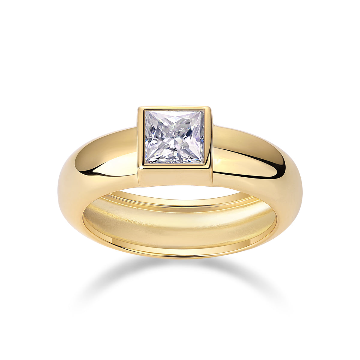 24K Gold Chunky Bezel Set Princess-Cut Solitaire Wide Band Ring