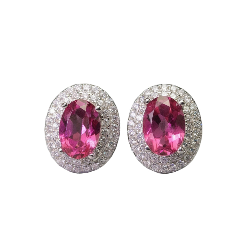 Pink Topaz Diamond Halo Earrings