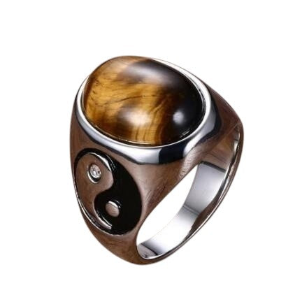 Stainless Steel Men's Vintage Oval Tiger Eye Brown Stone Ring with Yin Yang Symbol