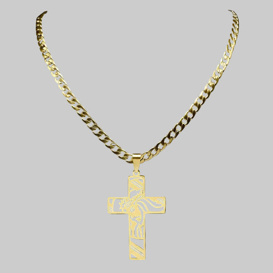 18K Gold Crucifix Pendant Necklace - Cuban Link Chain