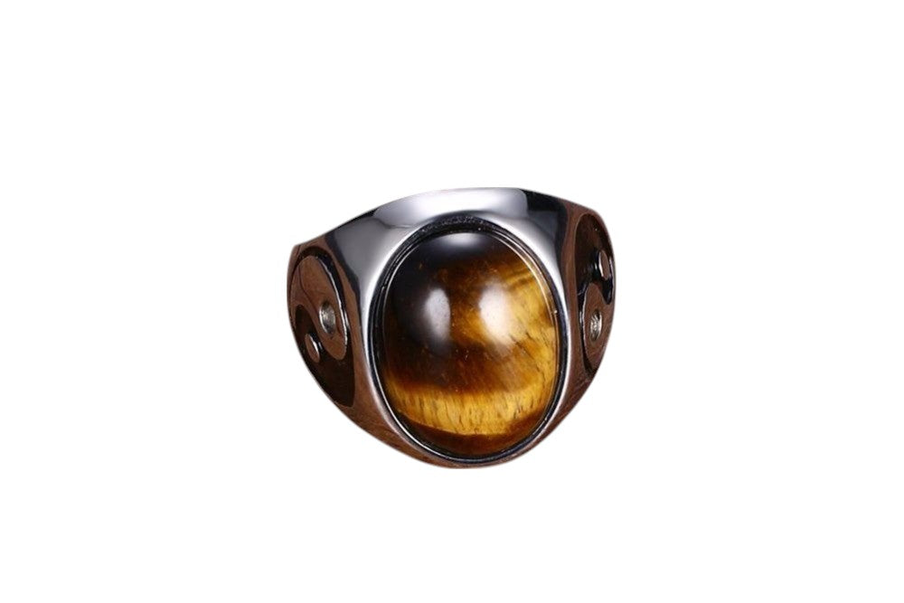 Stainless Steel Men's Vintage Oval Tiger Eye Brown Stone Ring with Yin Yang Symbol