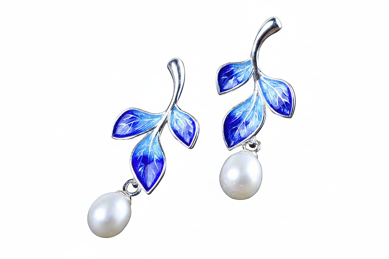 Blue Enamel Leaf Freshwater Pearl Drop Stud Earrings