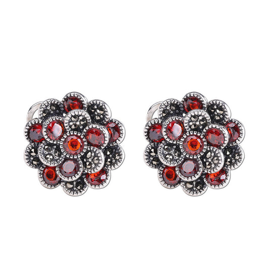 Red Zircon Marcasite Flower Earrings