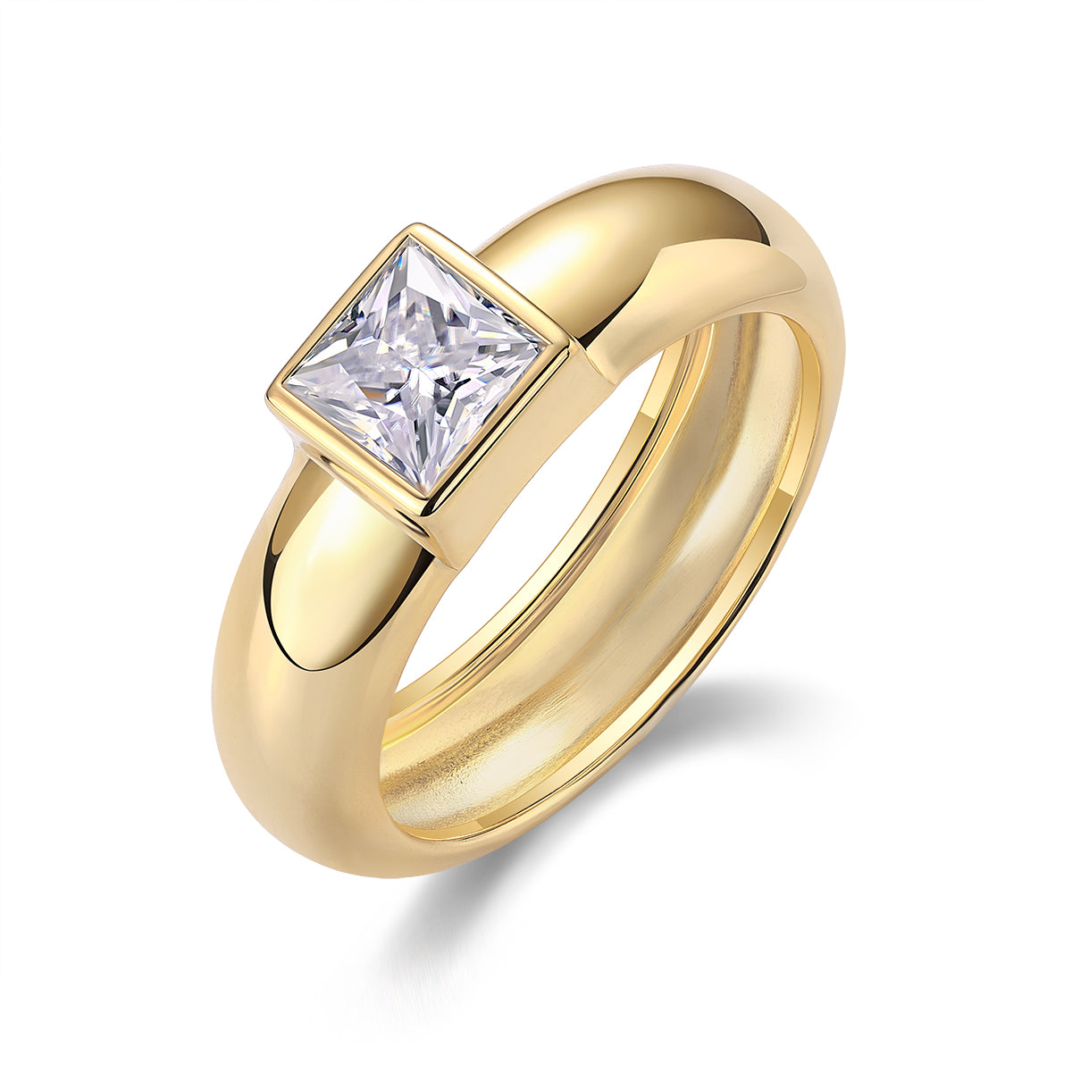 24K Gold Chunky Bezel Set Princess-Cut Solitaire Wide Band Ring