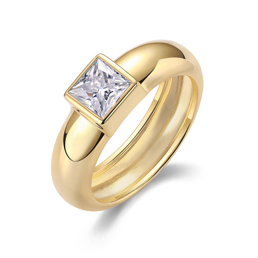 24K Gold Chunky Bezel Set Princess-Cut Solitaire Wide Band Ring
