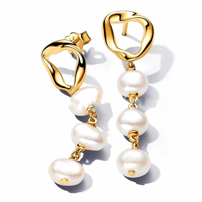 18k Organically Shaped Circle & Baroque Pearl Earrings