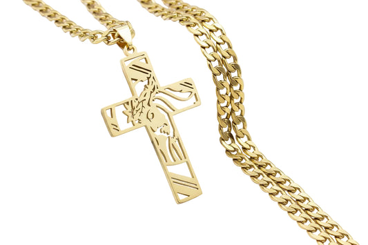 18K Gold Crucifix Pendant Necklace - Cuban Link Chain