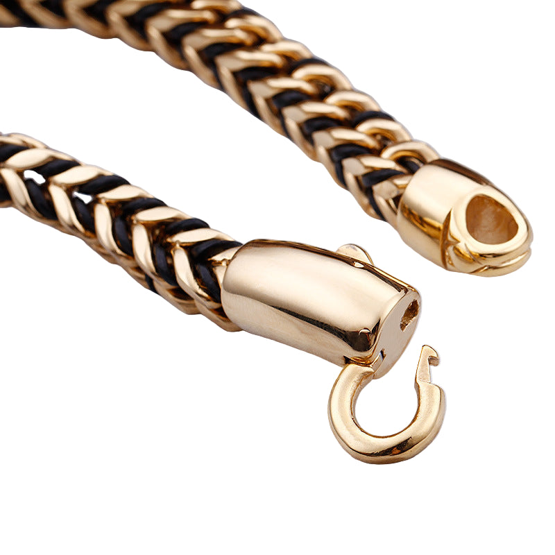 Titanium Steel Men's: Black Leather & Gold Tone Bracelet