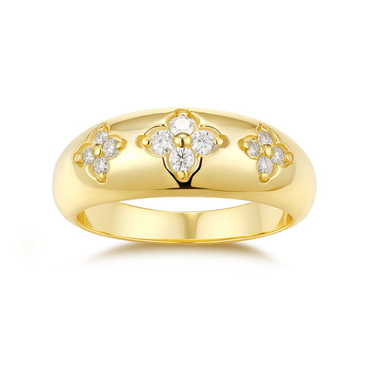 24k Gold Three Floral Motif Moissanite Ring