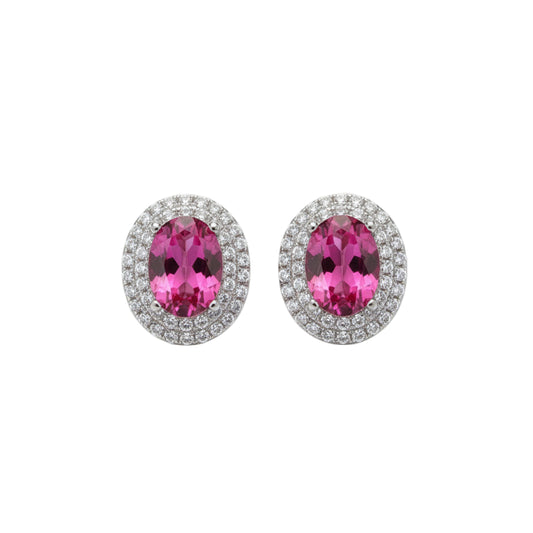 Pink Topaz Diamond Halo Earrings