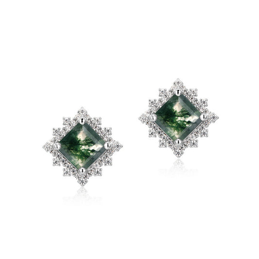 Diamond Halo Square Moss Agate Stud Earrings